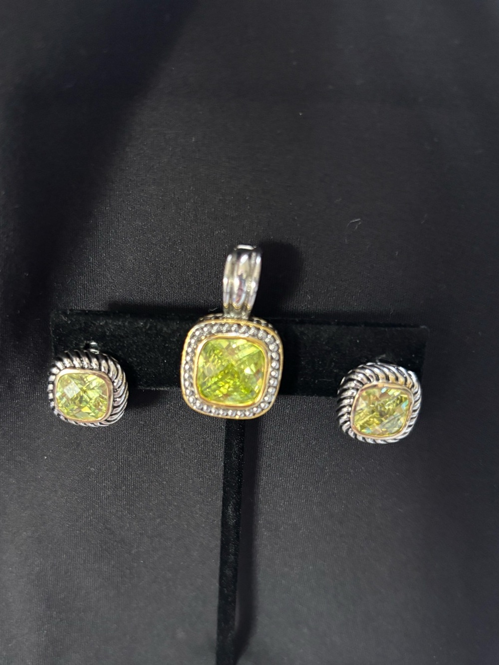 Sterling Silver Lime Green Cushion-Cut Pendant and Stud Earring Set
